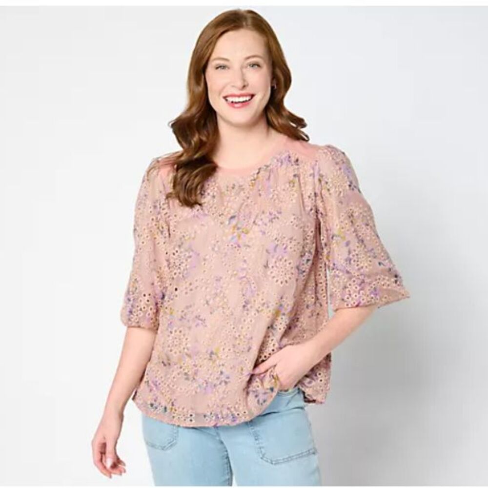 LOGO Lavish by Lori Goldstein Women M Pink Eyelet Floral Blouse Top Elbow Sleeve